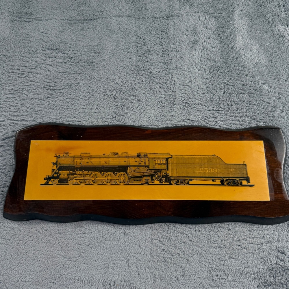 Vintage Steam Locomotive Train Wall Art Plaque Wood Yellow 22.5" Good Condition